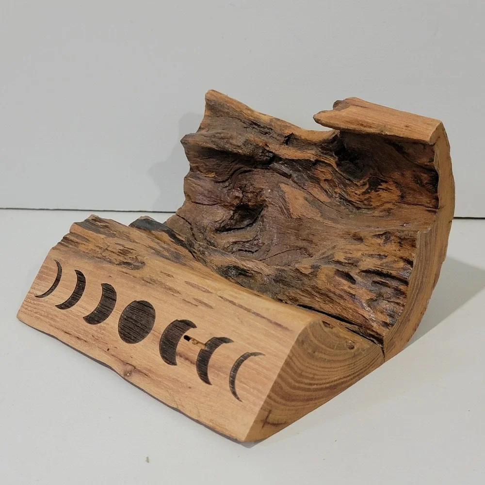 Handmade Live Edge Wood Moon Phase Half hollow log root Rustic Celestial Decor